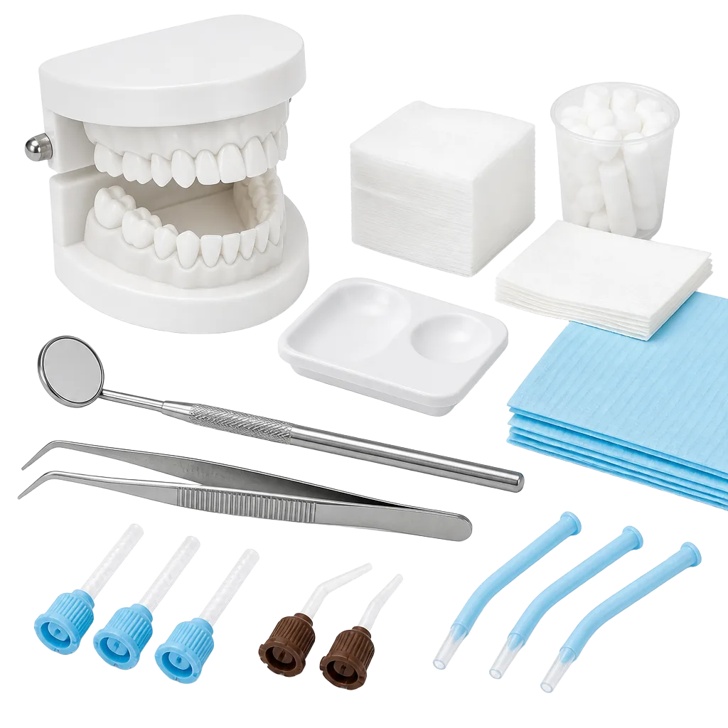 Composição com modelo de dente, espelho odontológico, pinça e materiais de consultório