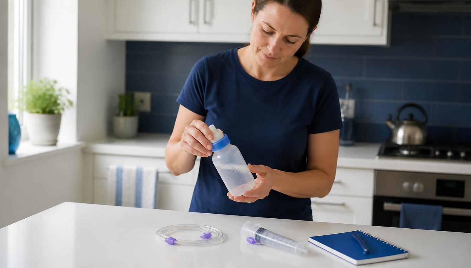 Cuidador organizando materiais para nutrição enteral em casa