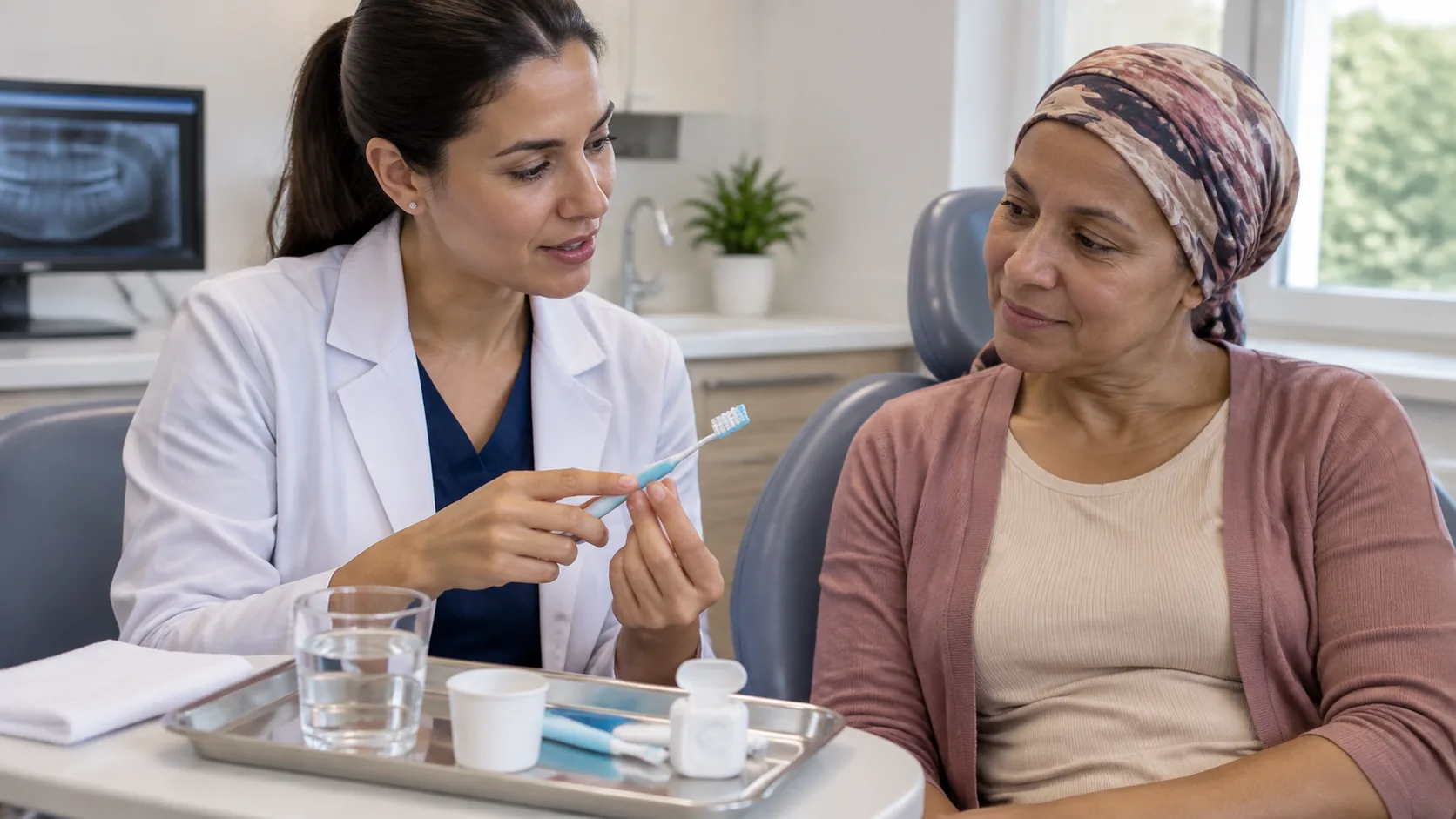 Dentista orientando paciente sobre higiene bucal durante tratamento oncológico